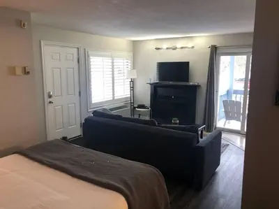 a bedroom with a bed and a couch and a television at Freshly Upgraded Cozy Studio @ North Creek Resort in Blue Mountains