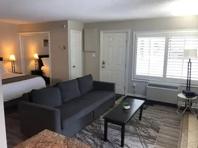 a living room with a couch and a bed at Freshly Upgraded Cozy Studio @ North Creek Resort in Blue Mountains