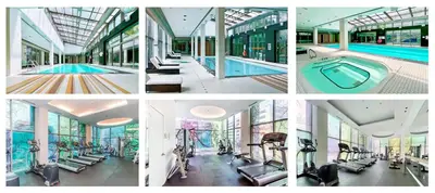 a collage of photos of a gym with a swimming pool at Cozy Condo in Centre of Downtown Toronto in Toronto