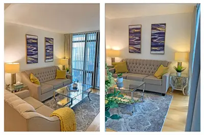 two pictures of a living room with a couch at Cozy Condo in Centre of Downtown Toronto in Toronto
