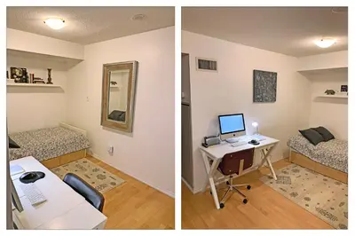 two pictures of a room with a desk and a bedroom at Cozy Condo in Centre of Downtown Toronto in Toronto