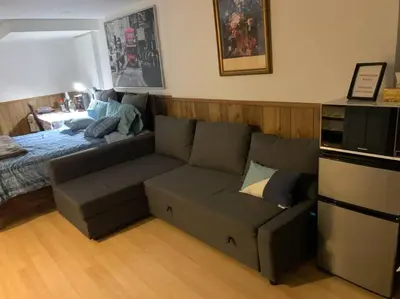 a living room with a couch and a bed at BIG Oasis Studio near Airport YYZ in Toronto