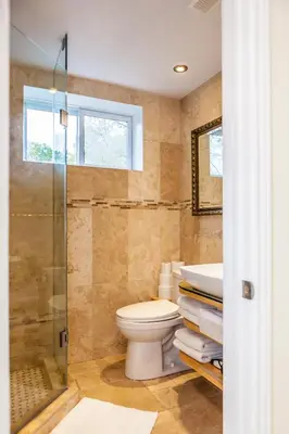a bathroom with a toilet and a shower and a sink at Nature Oasis Bar Room in Dundas
