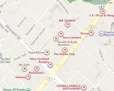 a map of the haribo club and attractions at Beautiful Vacation Home near Toronto Airport in Mississauga