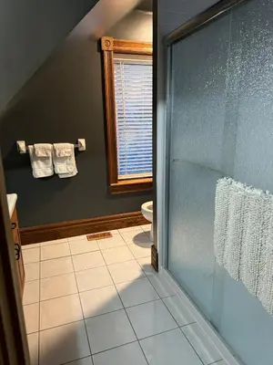 a bathroom with a shower with a toilet and a window at Farmhouse Resort in Midhurst