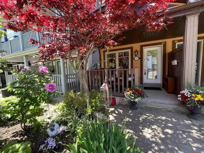 a house with a tree with red flowers in front of it at Stunning Rooms in Townhouse across the Beach in Toronto