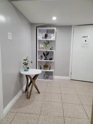 a room with a table and shelves with plants at Falstaff Home in Toronto