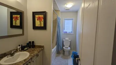 a bathroom with a sink and a toilet at The Warm Welcome Suite in Thorold