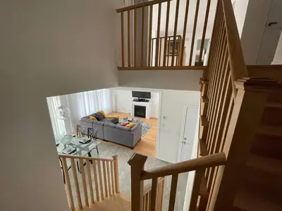 an overhead view of a living room with a couch at Rest in Quinte West - 25 mins from Batawa Ski Hill in Carrying Place