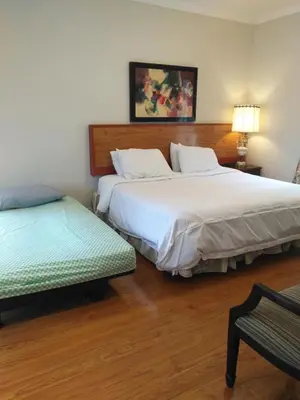 a bedroom with two beds and a chair in it at Resort style entire guesthouse-2 rooms in Tottenham