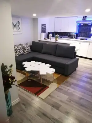 a living room with a couch and a table at Cozy nest basement unit in Hamilton