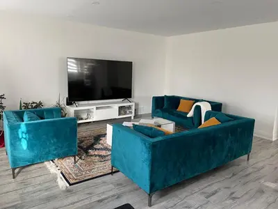 a living room with two blue couches and a tv at Mama Gol in Richmond Hill