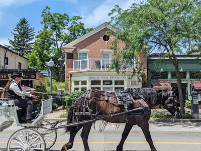 a man riding a horse drawn carriage down a street at Suites On King in Niagara on the Lake