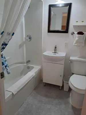 a white bathroom with a sink and a toilet at Three Island Motel in Bobcaygeon