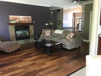 a living room with a couch and a fireplace at Cozy Luxury on the Thames in Ontario! in London