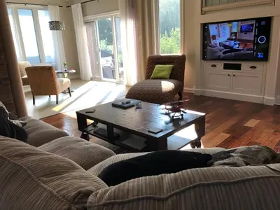 a living room with a couch and a table and a tv at Cozy Luxury on the Thames in Ontario! in London