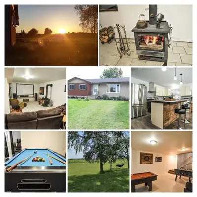 a collage of photos of a house with a pool table at Modern Rustic Home with Wood Stove & Pool Table in Kemble