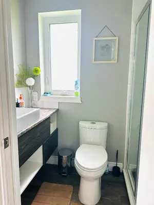 a bathroom with a toilet and a sink and a window at Cozy 3-bedroom farmhouse in wine-country in Niagara on the Lake