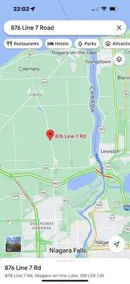 a map of the road with a marker at Cozy 3-bedroom farmhouse in wine-country in Niagara on the Lake
