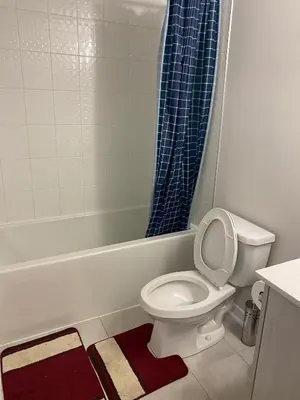 a bathroom with a toilet and a tub with a blue shower curtain at Poise Homes Guest Home Cambridge in Cambridge