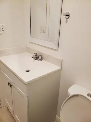 a bathroom with a sink and a mirror and a toilet at Maxwell Esabu in Toronto