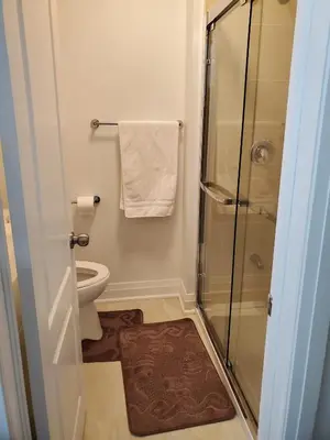 a bathroom with a toilet and a glass shower at Maxwell Esabu in Toronto