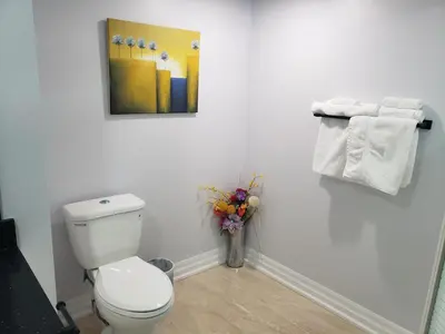 a white bathroom with a toilet and a vase of flowers at Luxurious Apt 2BRs-1BA Spacious Modern, with free parking in Brampton