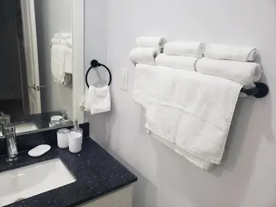 a bathroom with a sink and towels on a wall at Luxurious 1BR-1BA Apartment Bright Spacious with free parking-gc-1 in Brampton