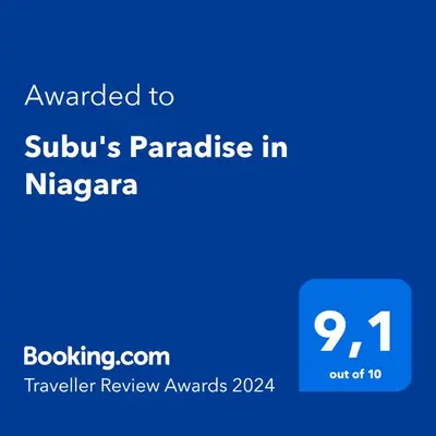 a blue screen with the text awarded to suubiyas paradise in nik at Subu's Paradise in Niagara in Niagara on the Lake